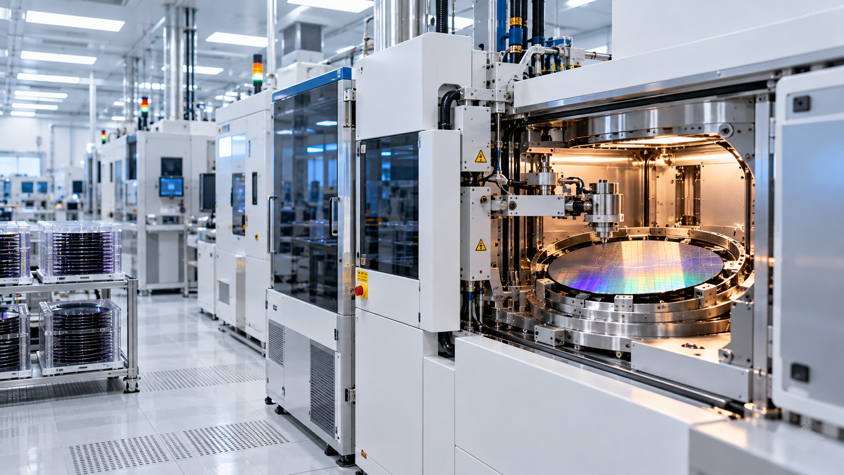 Sala limpia de fabricación de semiconductores con maquinaria automatizada